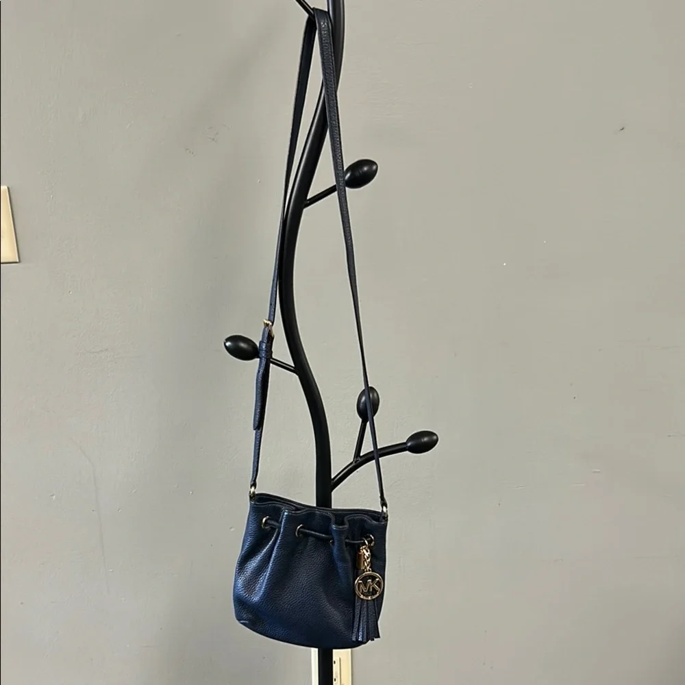 Michael Kors Navy Pebbled Leather Drawstring Crossbody with Gold MK Charm